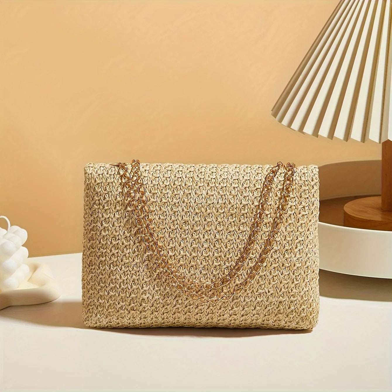 Woven Straw Crossbody Bag with Gold Chain & Lock Closure
