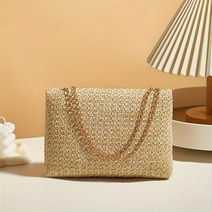 Woven Straw Crossbody Bag with Gold Chain & Lock Closure