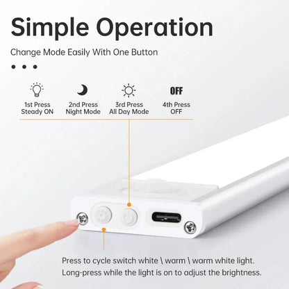 Led Motion Sensor Light Night Wireless Usb Under Cabinet Kitchen Bedroom Wardrobe Indoor Lighting