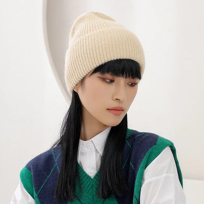 Women's Rabbit Fur Knit Beanie – Warm Solid Color Winter Hat