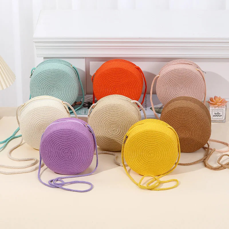 Round Straw Crossbody Bag – Handwoven Rattan Beach Bag for Women