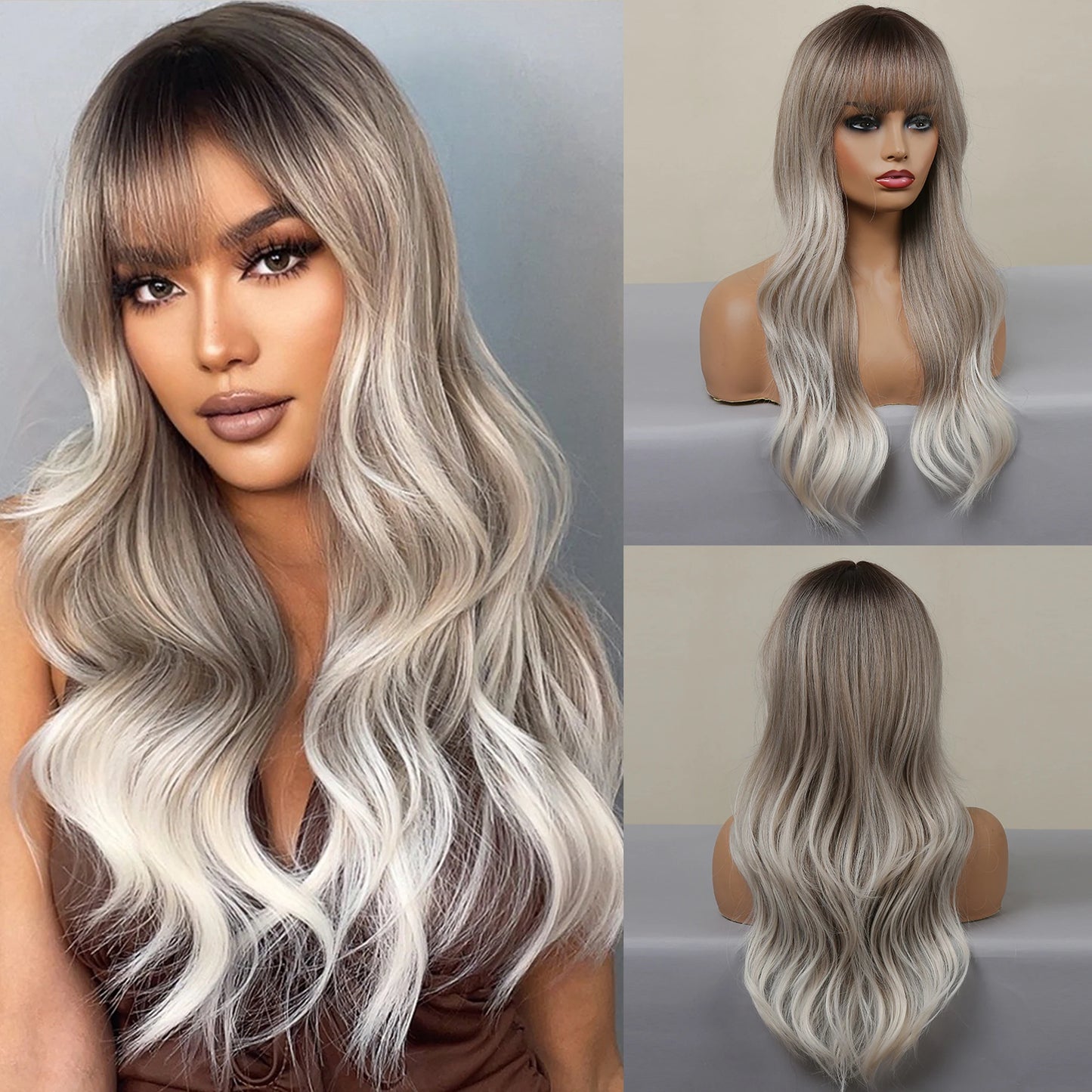Gemma Ombre Brown Blonde Long Straight Synthetic Wigs Bangs Cosplay Wig Women Temperature Natural
