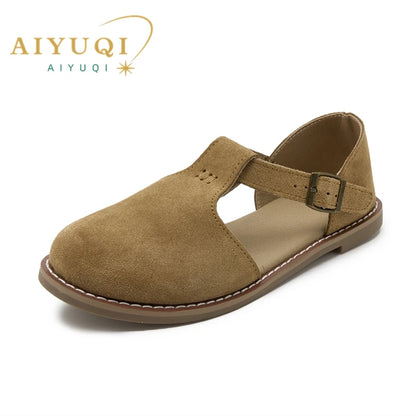 Women's Genuine Leather Flat Roman Sandals – Retro Closed Toe