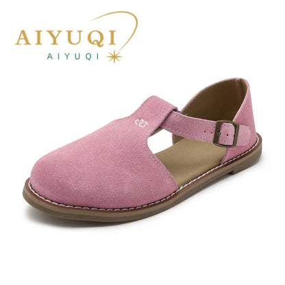 Women's Genuine Leather Flat Roman Sandals – Retro Closed Toe