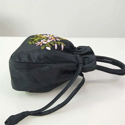 Women's Embroidered Bucket Bag – Floral Top Handle Purse