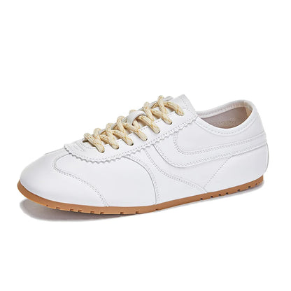Women's Genuine Leather Retro Sneakers – Flat Lace-Up Casual Shoes