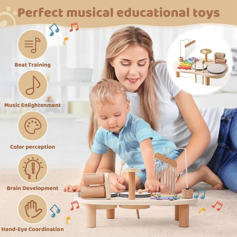 Wooden Montessori Music Bandstand – Kids Xylophone & Drum Set