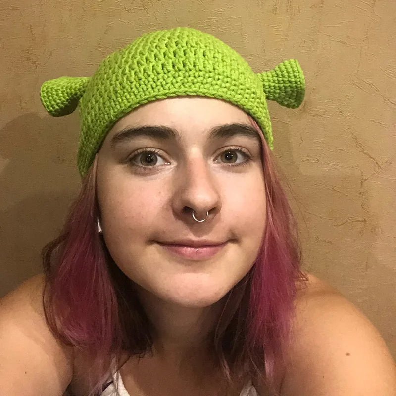 Funny Shrek Knit Beanie – Novelty Monster Ears Winter Hat for Adults & Kids