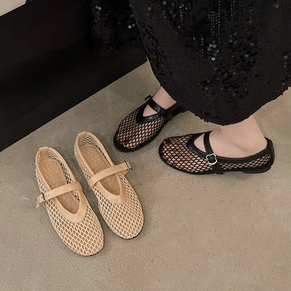 Women's Mesh Mary Jane Flats – Breathable Buckle Strap Shoes