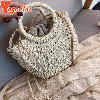 Handmade Half-Round Rattan Woven Straw Crossbody Bag for Women