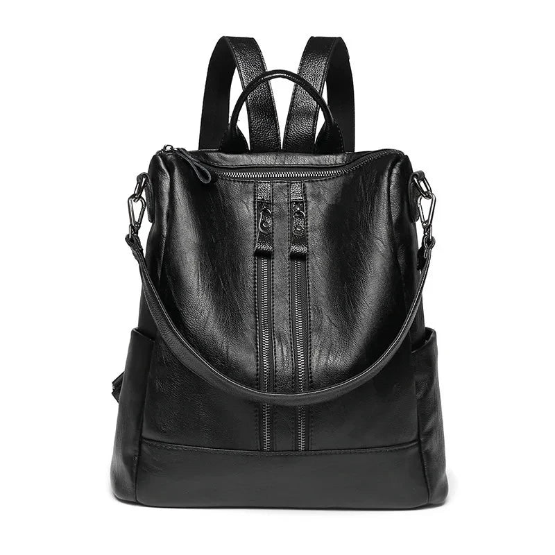 Women Leather Backpack – Black Convertible Shoulder Bag