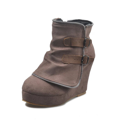 Women's Wedge Ankle Boots Retro Buckle Platform Chunky Heel Zip-Up