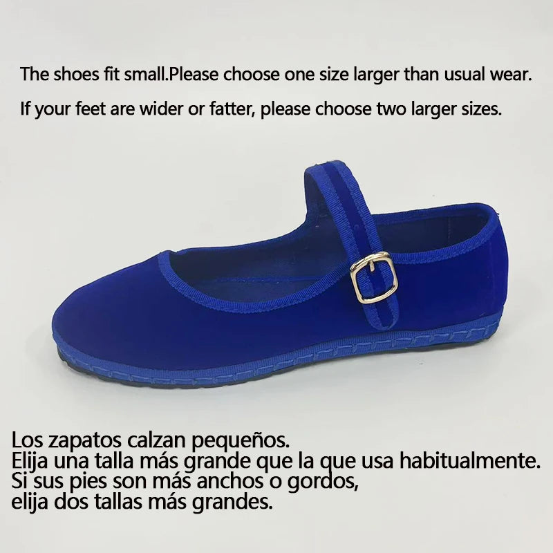 Velvet Mary Jane Flats – Women's Buckle Strap Ballet Shoes