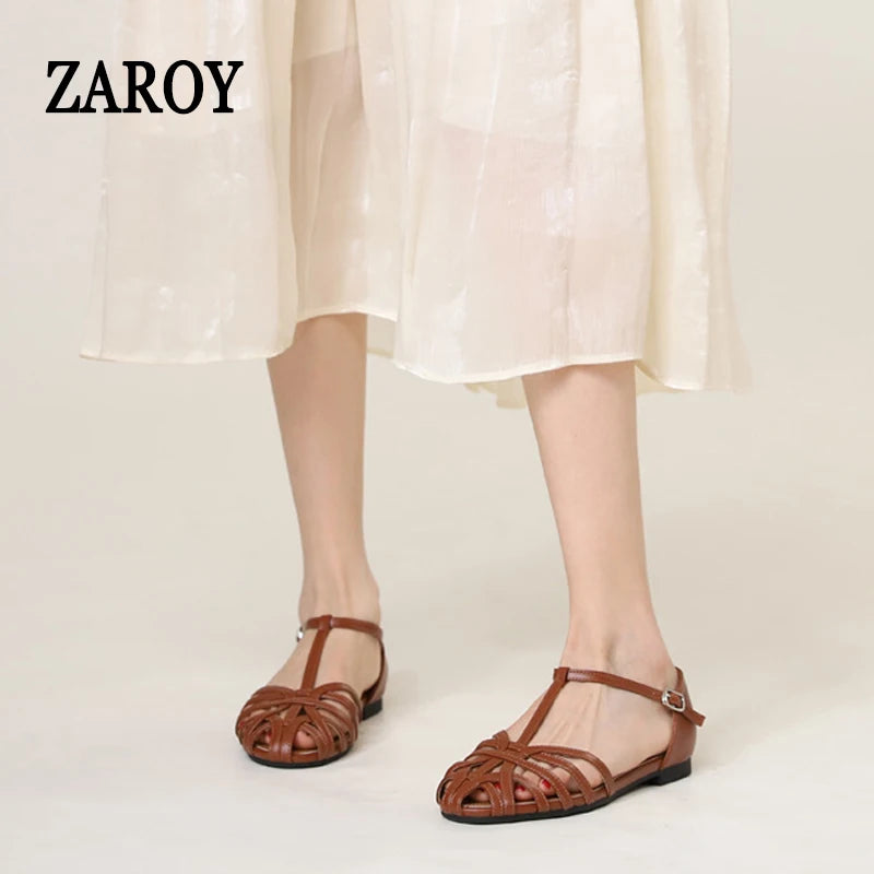 Women's Flat Roman Sandals – Woven Cage Cross Strap