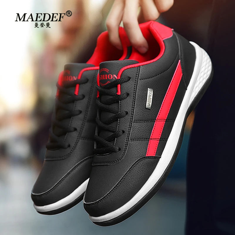 Men's Waterproof Leather Sneakers – Casual Lace-Up Vulcanized Shoes