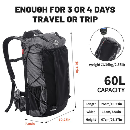 Naturehike 60+5L Waterproof Hiking Backpack – Ultralight Climbing Travel Bag