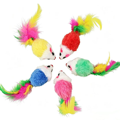 Plush Mouse Cat Toys with Colorful Feather Tails – Squeaky Mice for Indoor Cats
