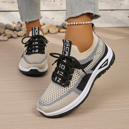 Women's Two-Tone Mesh Knit Sneakers – Casual Lace-Up Fashion Shoes