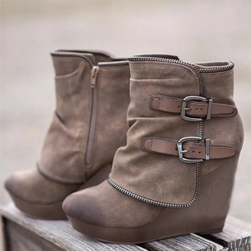 Women's Wedge Ankle Boots Retro Buckle Platform Chunky Heel Zip-Up