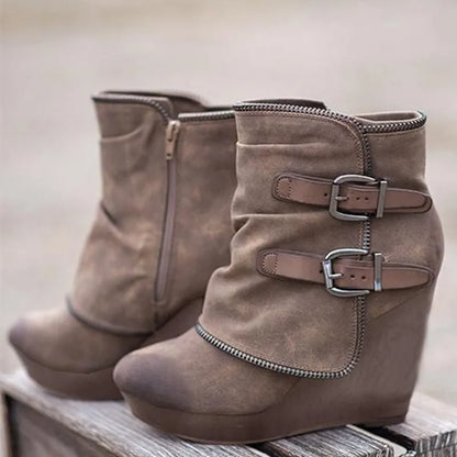 Women's Wedge Ankle Boots Retro Buckle Platform Chunky Heel Zip-Up