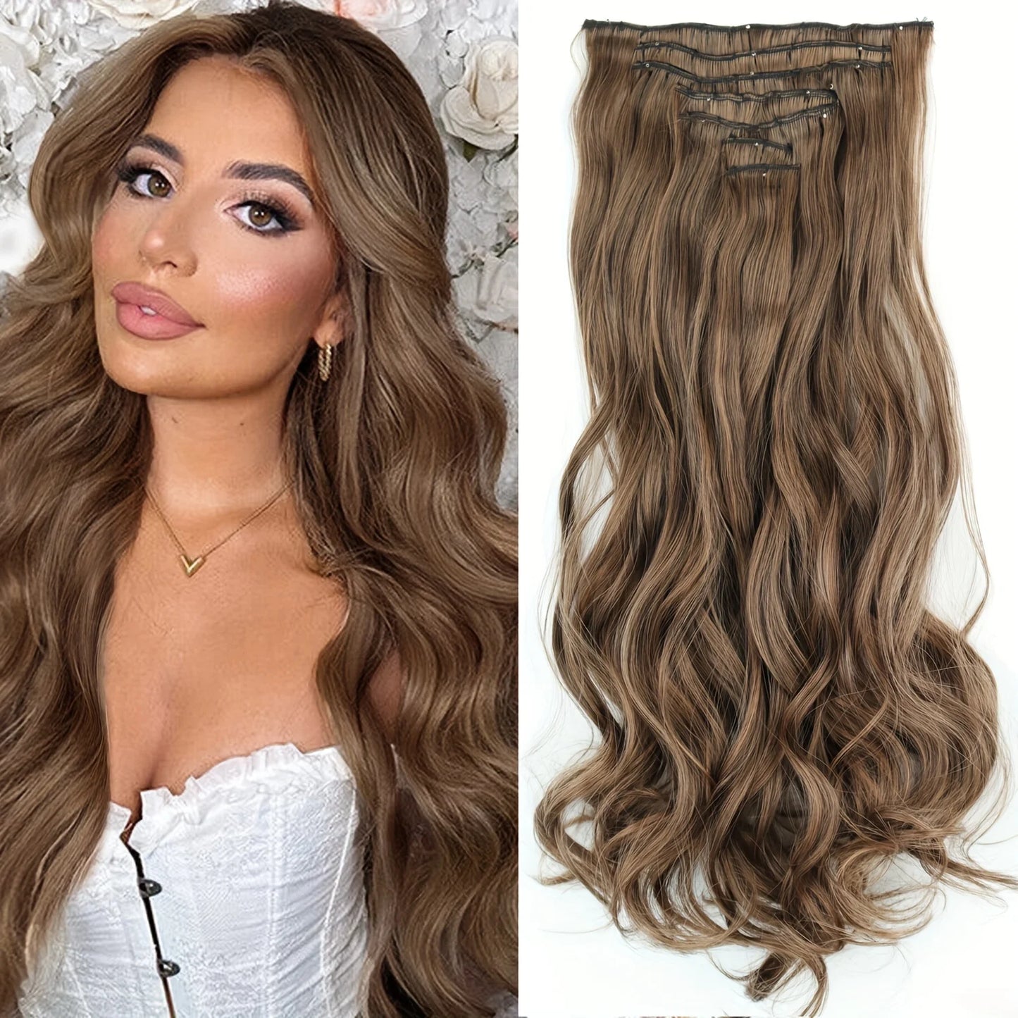 Clip-In Hair Extensions 7pcs 16 Clips Wavy Synthetic 24 Inch