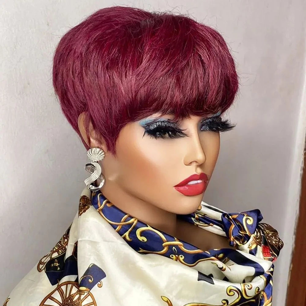 Brown Short Pixie Cut Wig Human Hair Black Women Machine Made Wigs Bangs Colored Brazilian