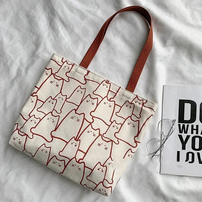 Cat Print Canvas Tote Bag – Cute Graphic Shoulder Bag for Women