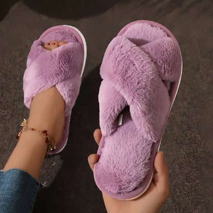 Cross Strap Fur Slippers Women Indoor Light Warm Plush Home Woman Faux Flat Heel Couple Slides Plus