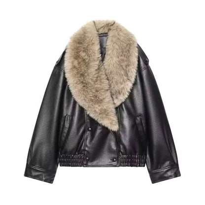 Faux Leather Jacket Women – Oversized Winter Coat with Detachable Fur Collar