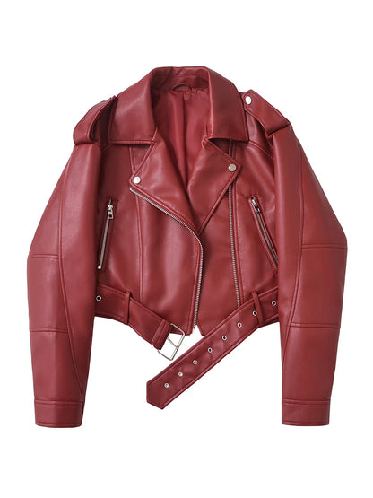 Women's Faux Leather Moto Jacket with Belt – Short Biker Style