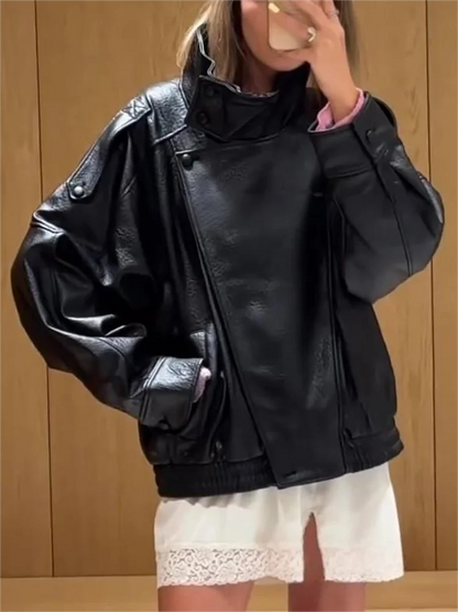 Women's Oversized Faux Leather Jacket – Casual Chic Button Coat