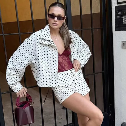 Polka Dot Bomber Jacket & Shorts Set – Women's Oversized Outerwear
