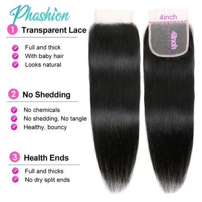 Phashion 24 26 Inch 5x5 4x4 Straight Lace Closure Only Pre Plucked Long Full Swiss Transparent 100