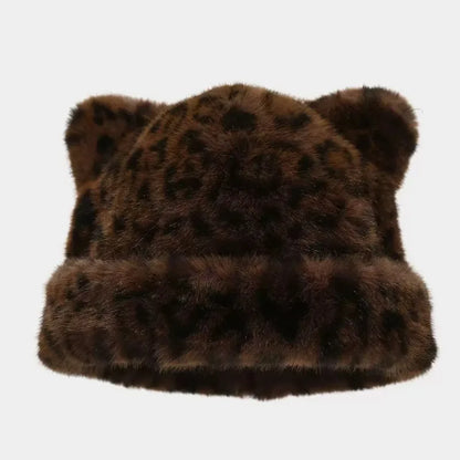 Plush Teddy Bear Beanie with Cat Ears – Cute Fluffy Winter Hat for Women