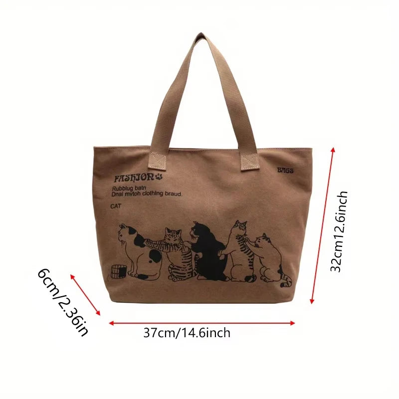 Canvas Tote Bag for Women – Cute Cat Print Shoulder Bag with Zipper