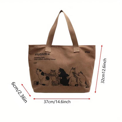 Canvas Tote Bag for Women – Cute Cat Print Shoulder Bag with Zipper