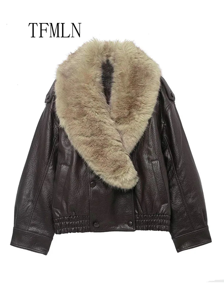 Faux Leather Jacket Women – Oversized Winter Coat with Detachable Fur Collar