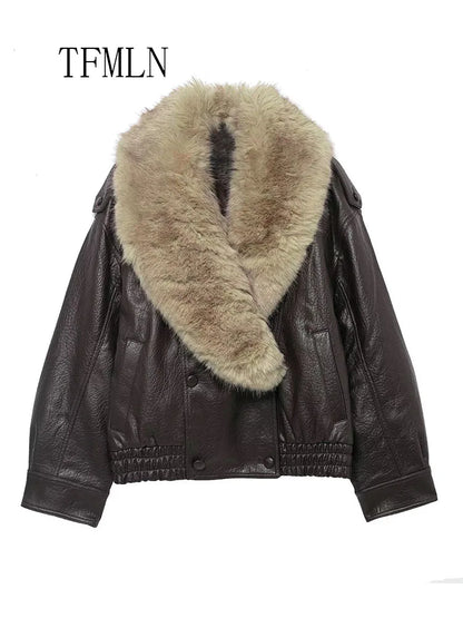 Faux Leather Jacket Women – Oversized Winter Coat with Detachable Fur Collar