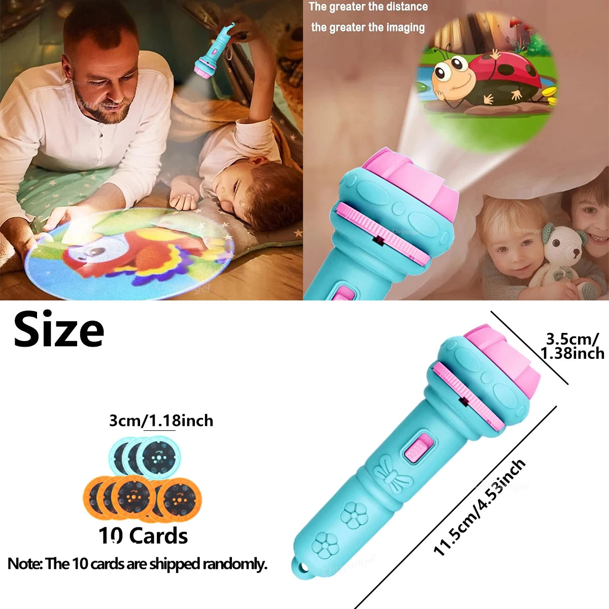 Kids Projector Flashlight – 10 Cards, 80 Patterns, Night Light