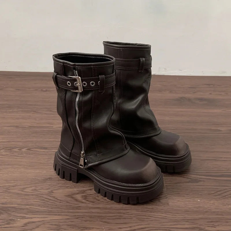 Women's Platform Biker Boots – Buckle Strap Mid-Calf Booties
