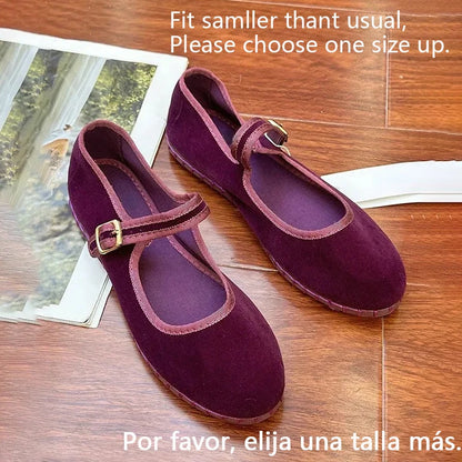 Velvet Mary Jane Flats – Women's Buckle Strap Ballet Shoes