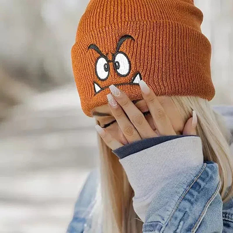 Funny Face Embroidered Knit Beanie – Warm Brimless Pullover Hat