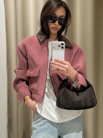 Women's Casual Corduroy Zip-Up Jacket with Pockets