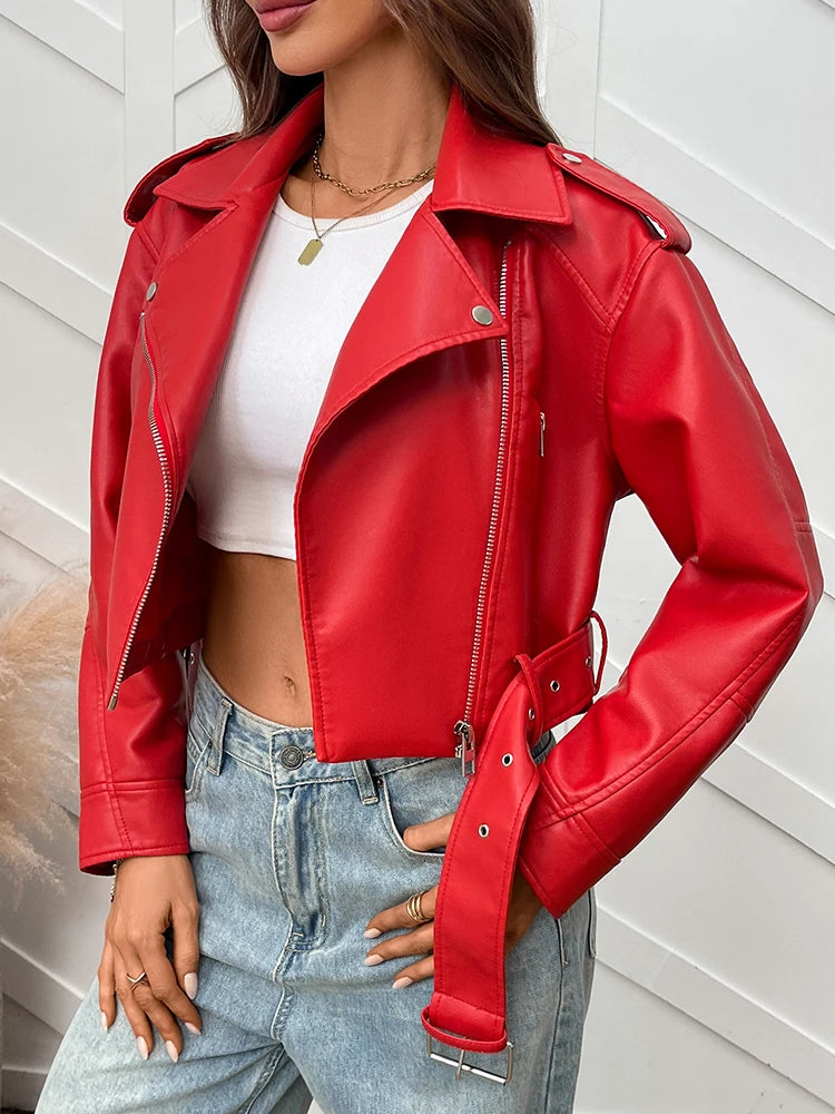 Women's Faux Leather Moto Jacket with Belt – Short Biker Style