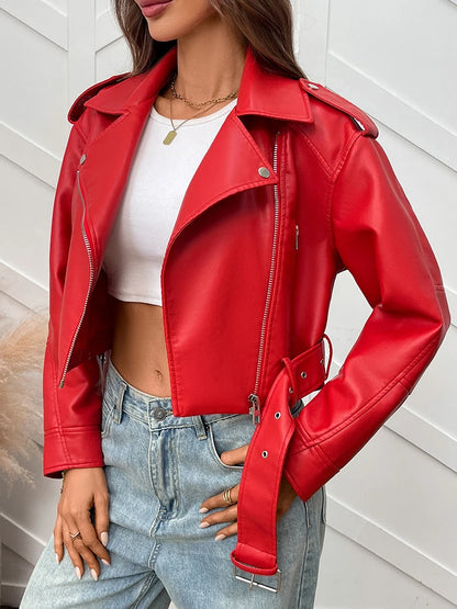 Women's Faux Leather Moto Jacket with Belt – Short Biker Style