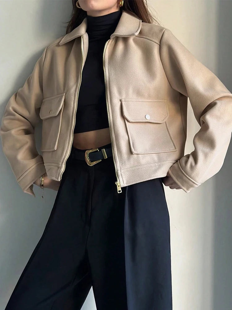 Women's Cropped Zip-Up Jacket – Short Elegant Coat with Pockets