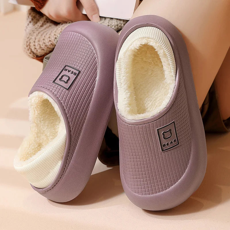 Waterproof Cotton Slippers Women Men Winter Outdoor Indoor Non Slip Home Plush Shoes Thick Bottom