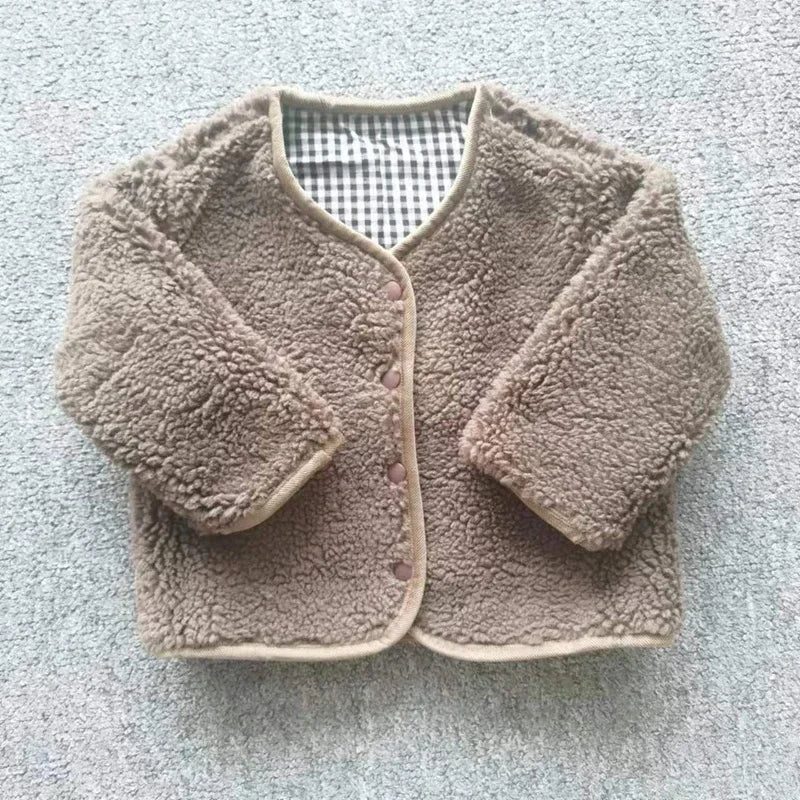 Kids Reversible Plush Jacket – Warm Plaid Sherpa Fleece Coat
