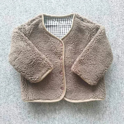 Kids Reversible Plush Jacket – Warm Plaid Sherpa Fleece Coat