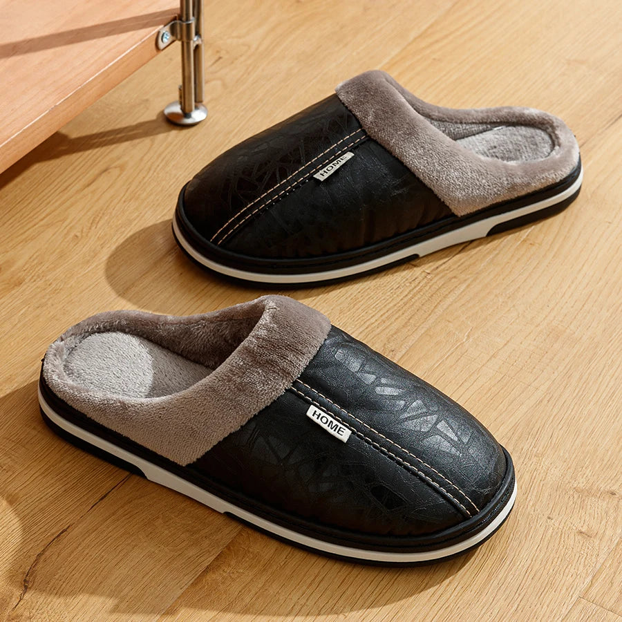 Big Size Winter Casual Men S Slippers Indoor Waterproof Pu Leather Home Shoes Fur Flat Warm Bedroom